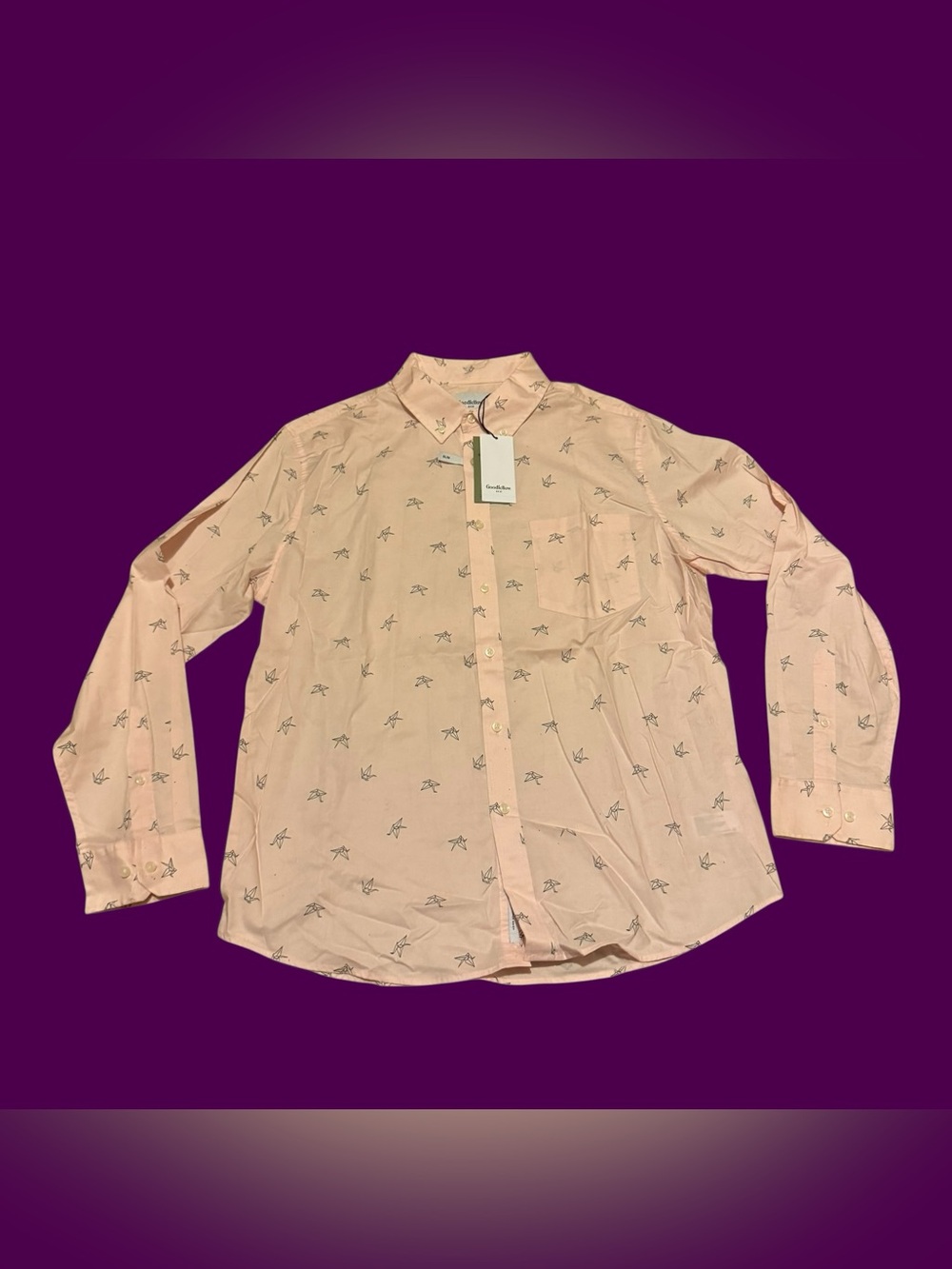 Pink Goodfellow Paper Crane Bird Button Up Down Casual Shirt Fall NWT Longsleeve